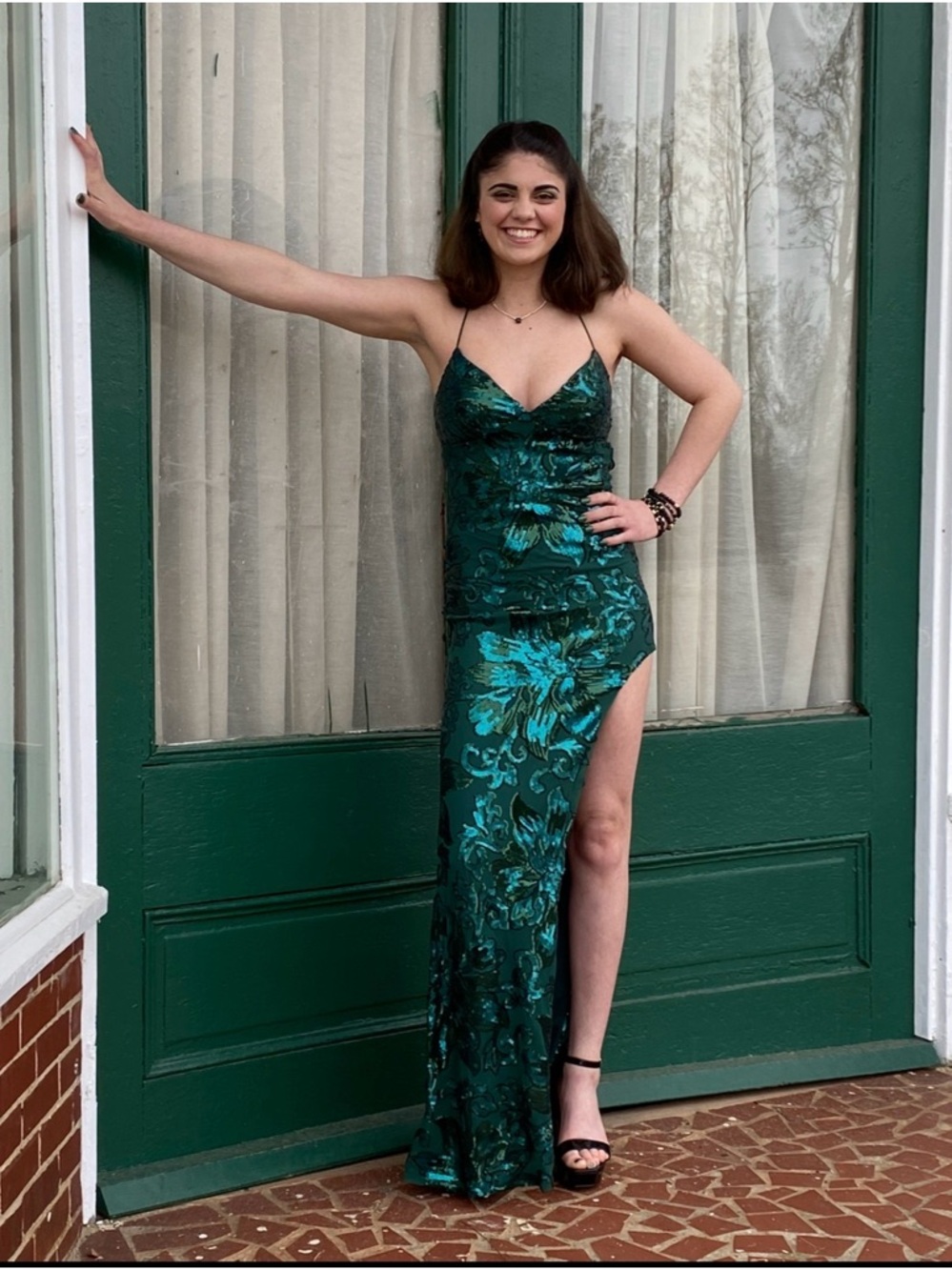 Emerald Green Floral Jacquard Spaghetti Strap Evening Dress